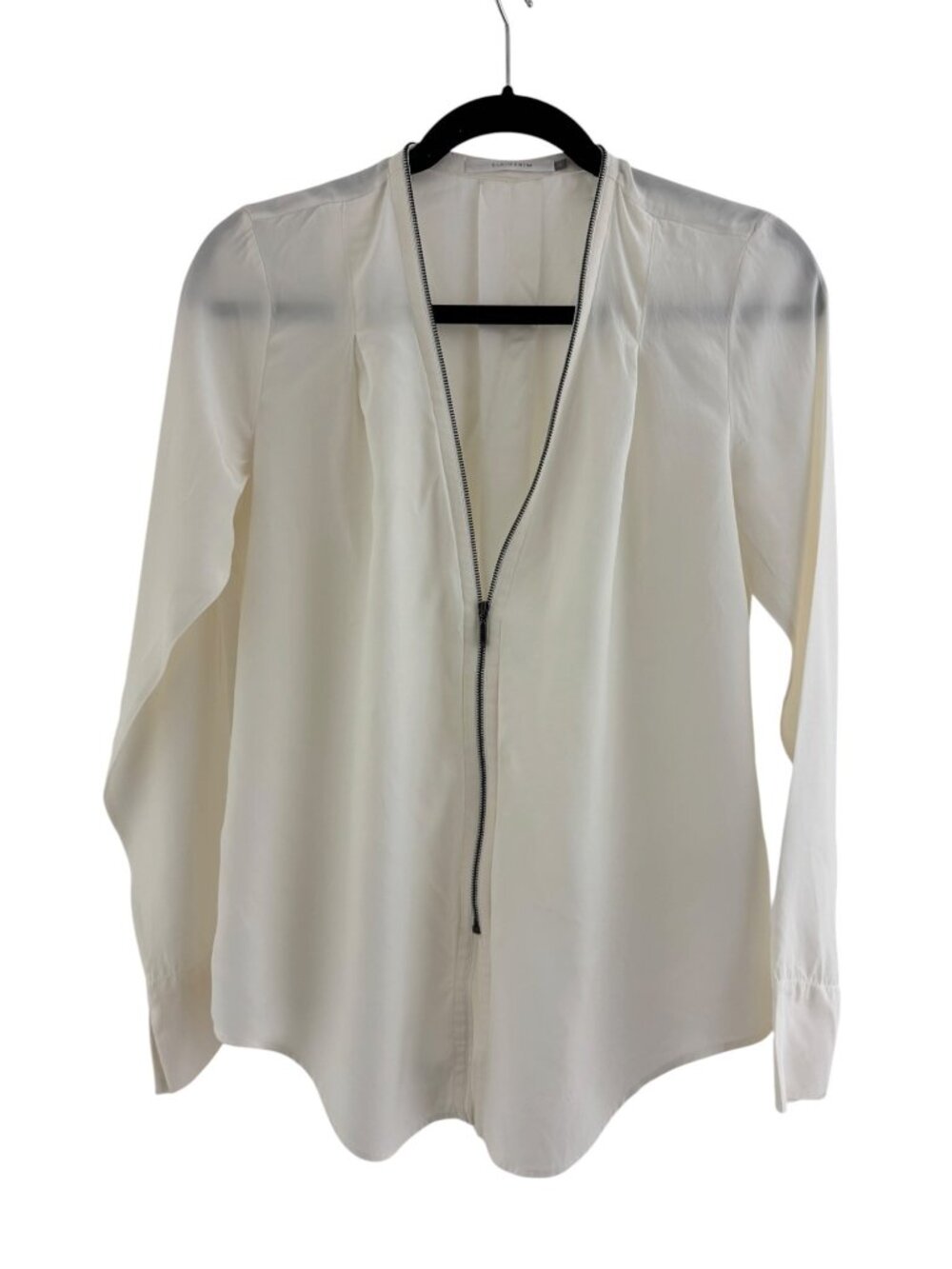 ELAINEKIM Silk Georgette Shell Top Zip Trim Ivory Long Sleeve Sz XS Blouse Shirt